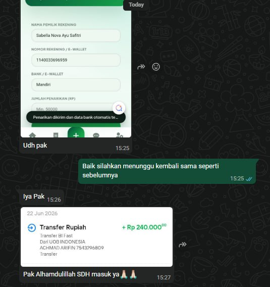 Bukti transfer Rp240.000 diterima member